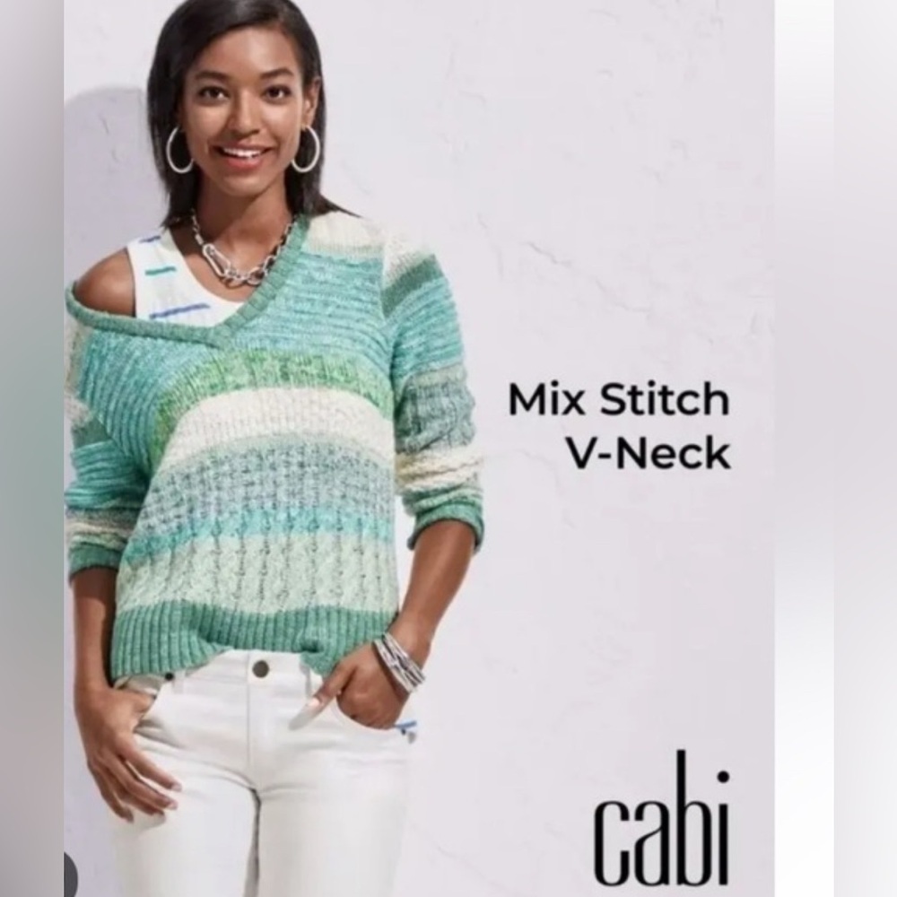 CABI XS V Neck Mix stitch cable knit woman green-blue long sleeve sweater